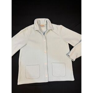 LL Bean Womens Medium Light Blue Button Front Fleece Jacket Collared Pockets